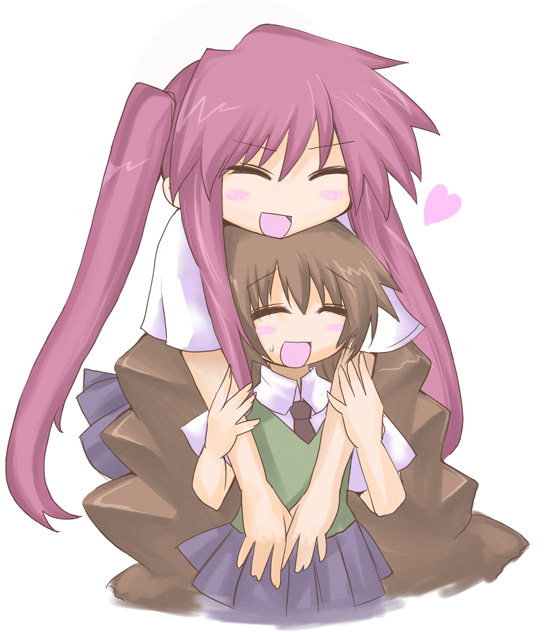2girls, blush, closed_eyes, hane_(hanegoya), heart, multiple_girls, nanase_yae, necktie
