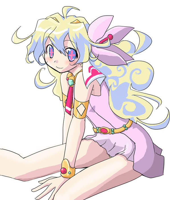 +_+, 1girl, bare_legs, bare_shoulders, belt, blonde_hair, blue_eyes, blue_hair