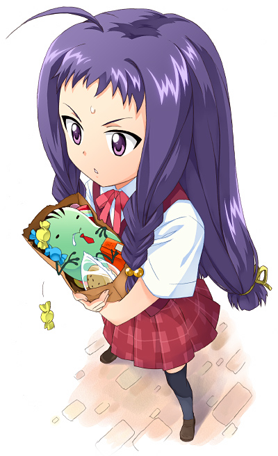 1girl, ahoge, ayase_yue, bag, blue_hair, braid, candy, food