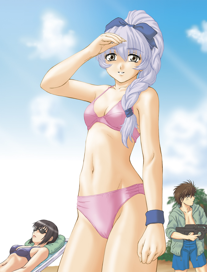 1boy, 2girls, beach_chair, bikini, bikini_top, black_bikini, bow, braid