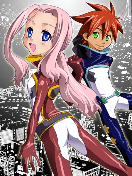 1boy, 1girl, armor, ass, blue_eyes, blush, brother_and_sister, building, city, closed_mouth, darry_adai, flying, from_behind, gimmy, gimmy_adai, green_eyes, karamiti, looking_at_viewer, orange_hair, pink_hair, ponytail, redhead, siblings, sidelocks, smile, spiky_hair, tengen_toppa_gurren_lagann