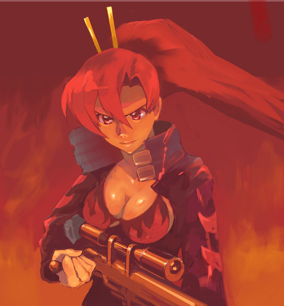 1girl, bikini_top, breasts, chopsticks, cleavage, fire, guitar_(artist), guitar_(guitars), gun, jacket, large_breasts, long_hair, ponytail, red_eyes, redhead, rifle, scope, smile, solo, tengen_toppa_gurren_lagann, weapon, yoko_littner