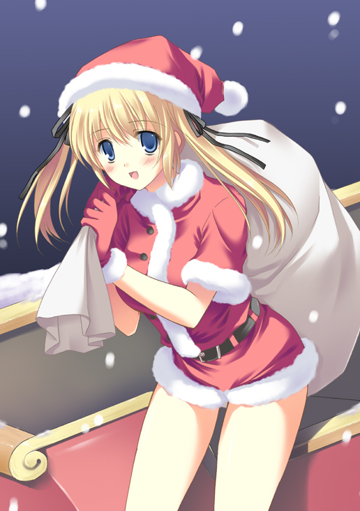 1girl, belt, blonde_hair, blue_eyes, blush, christmas, gloves, hair_ribbon