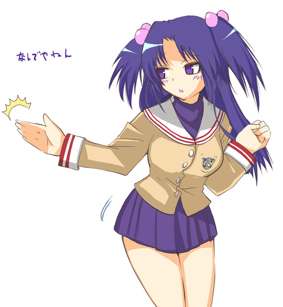 1girl, clannad, hair_bobbles, hair_ornament, hane_(hanegoya), ichinose_kotomi, nandeyanen, school_uniform