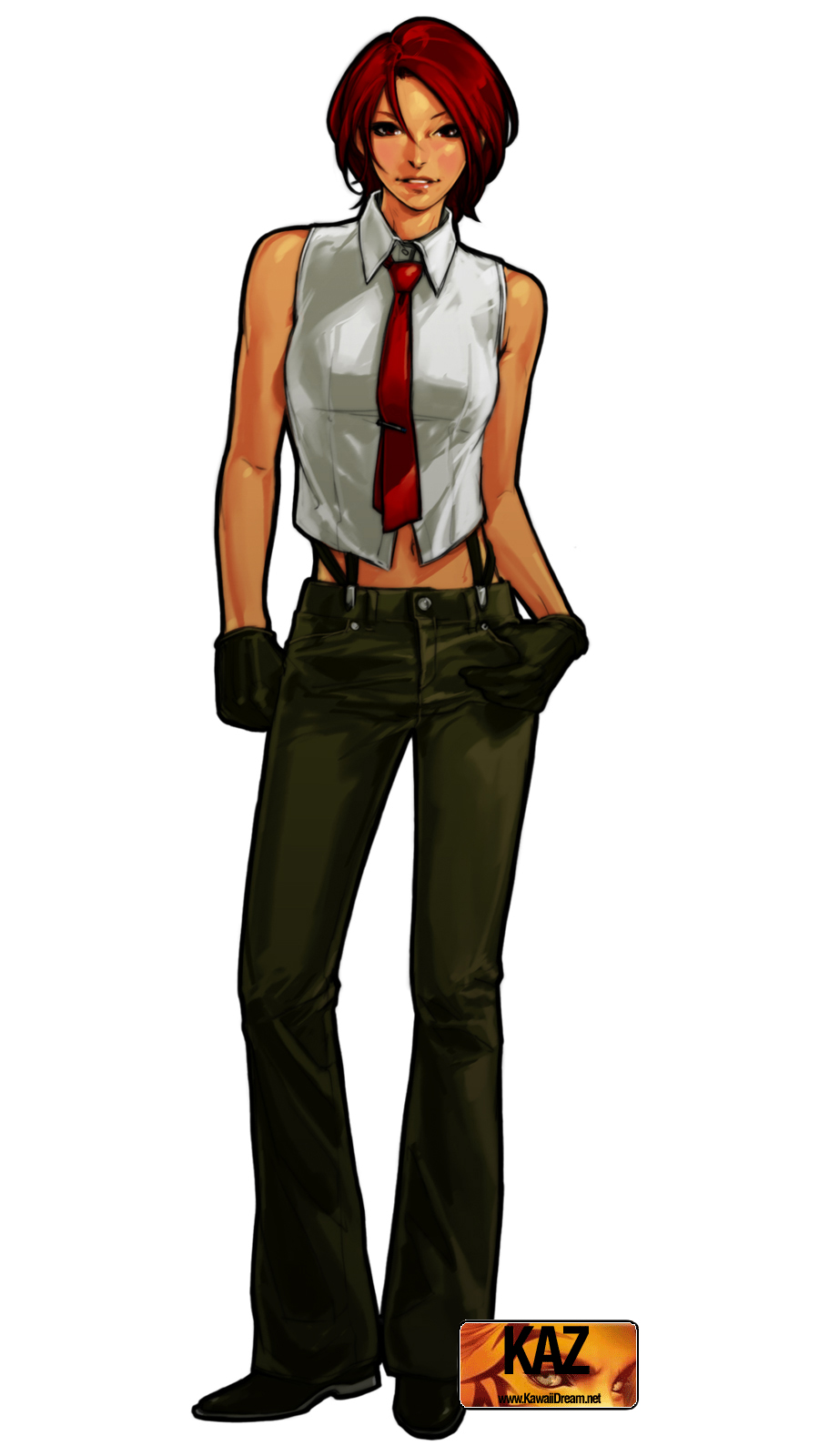 1girl, gloves, highres, king_of_fighters, king_of_fighters_xi, midriff, necktie, redhead
