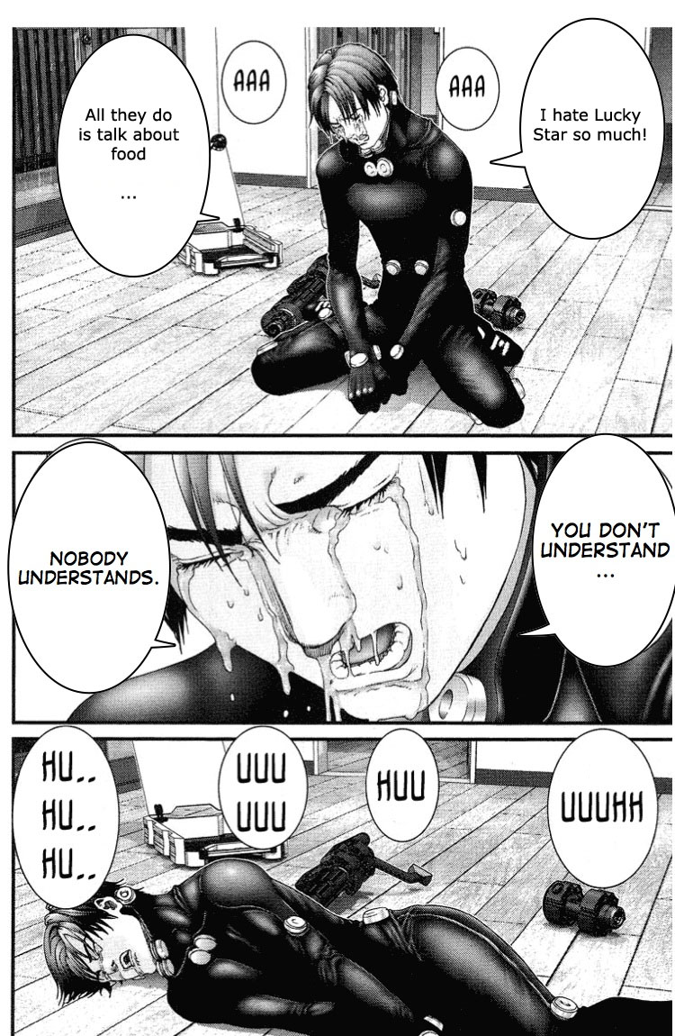 1boy, bodysuit, close-up, comic, crying, fake_translation, food, gantz