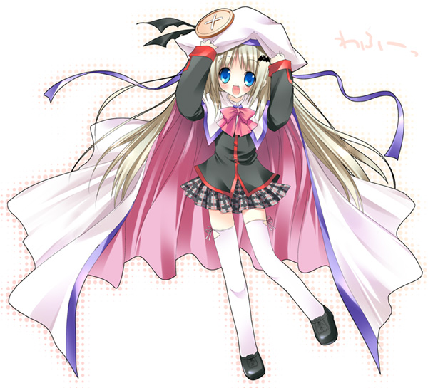 1girl, blue_eyes, bow, buttons, cape, hat, large_buttons, little_busters!!, long_hair, noumi_kudryavka, paco, pink_bow, school_uniform, serafuku, silver_hair, solo, thigh-highs