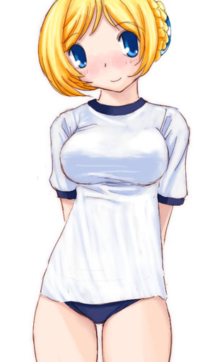 banpresto, blonde_hair, blue_eyes, gym_uniform, hoshikuzu_junction, melua_melna_meia, super_robot_wars, super_robot_wars_judgement