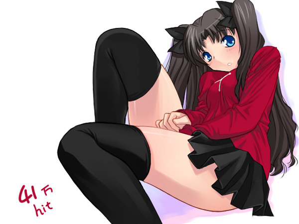 1girl, bangs, between_legs, black_bow, black_hair, black_legwear, black_skirt, blue_eyes