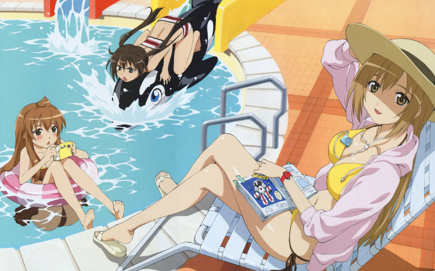 3girls, afloat, ahoge, barefoot, bikini, black_hair, brown_eyes, brown_hair