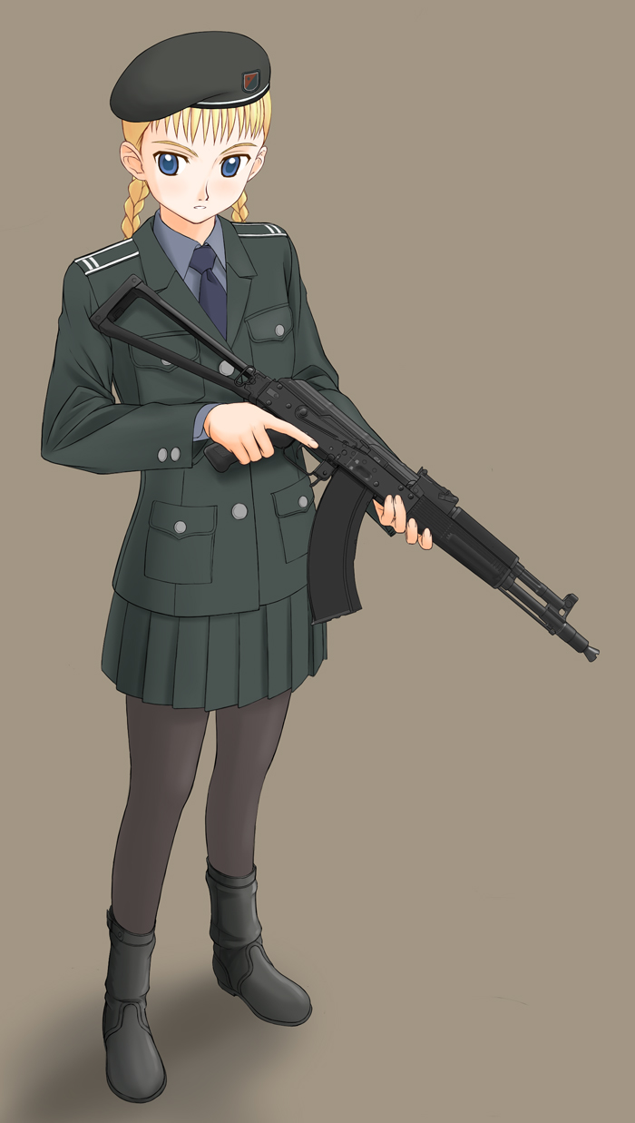 ak-102, assault_rifle, boots, gun, highres, kalashnikov, military, necktie, pantyhose, rifle, skirt, takafumi, uniform, weapon