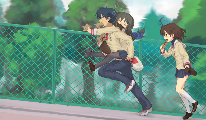 1boy, 2girls, clannad, feet, furukawa_nagisa, ibuki_fuuko, long_hair, low-tied_long_hair