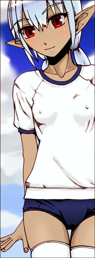 blush, buruma, dark_skin, erect_nipples, flat_chest, gym_uniform, original, pointy_ears
