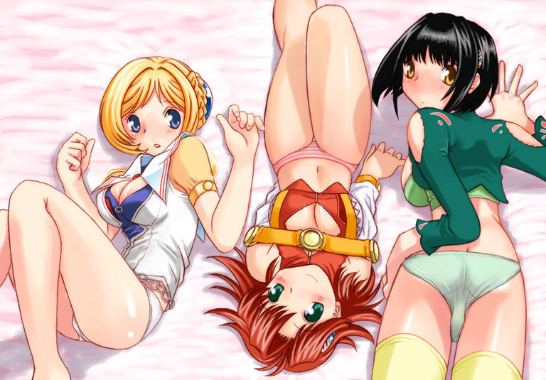 3girls, banpresto, blonde_hair, festenia_muse, hoshikuzu_junction, katia_grineal, lying, melua_melna_meia