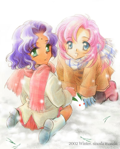 2girls, 90s, himemiya_anthy, lowres, multiple_girls, scarf, shinoda_masaki, shoujo_kakumei_utena, snow, snow_bunny, snowing, tenjou_utena, younger