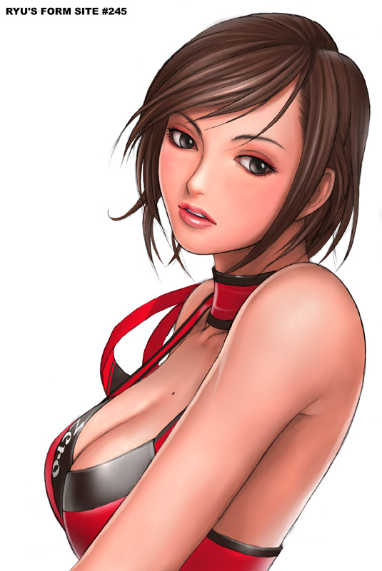 1girl, bare_shoulders, black_eyes, bob_cut, breasts, brown_hair, choker, cleavage