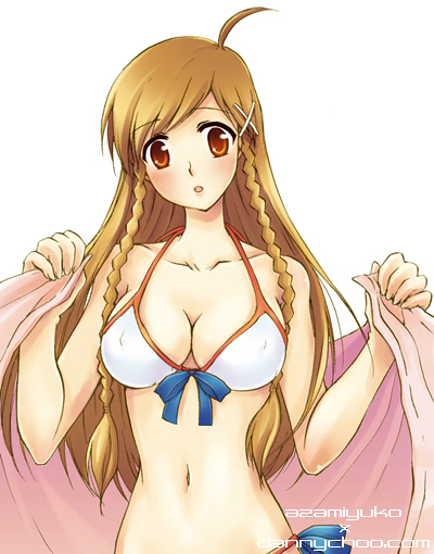 1girl, ahoge, azamiyuko, bikini, blush, braid, breasts, brown_hair, cleavage, culture_japan, dannychoo, erect_nipples, hairclip, long_hair, midriff, navel, ribbon, solo, suenaga_mirai, swimsuit, towel, twin_braids