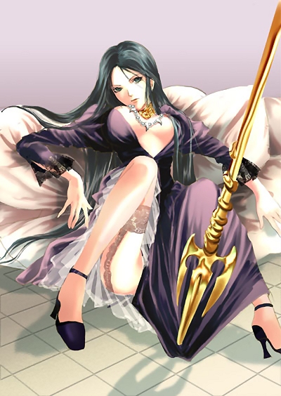 1girl, black_hair, breasts, cleavage, garter_belt, green_eyes, green_hair, high_heels