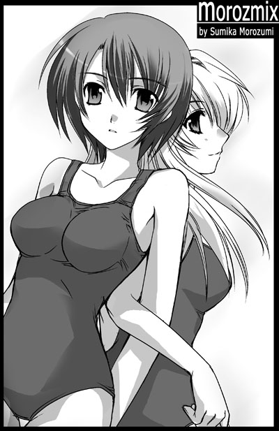 2girls, monochrome, morozumi_junka, multiple_girls, one-piece_swimsuit, original, school_swimsuit, swimsuit
