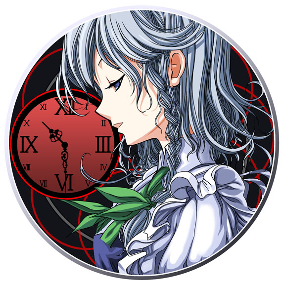 1girl, braid, clock, female, izayoi_sakuya, short_hair, silver_hair, solo