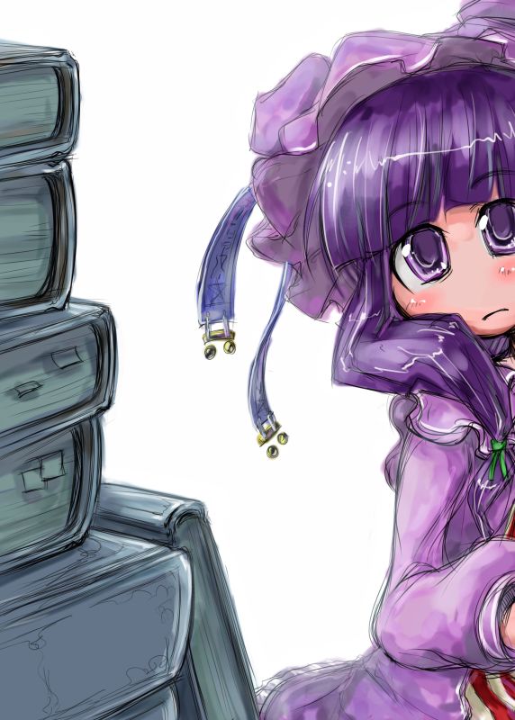 1girl, bangs, blunt_bangs, blush, book, book_stack, capelet, eyebrows