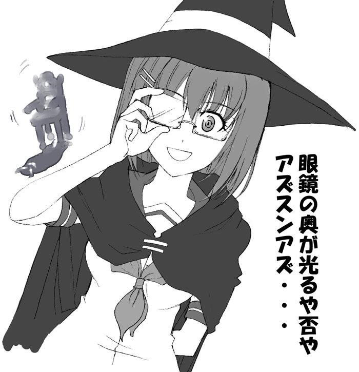 1girl, cloak, decarabi, glasses, hat, honami_takase_ambler, monochrome, rental_magica, school_uniform, serafuku, solo