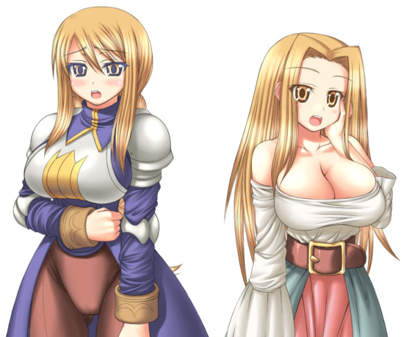 2girls, agrias_oaks, armor, blonde_hair, blue_eyes, blush, breasts, d_kurouri