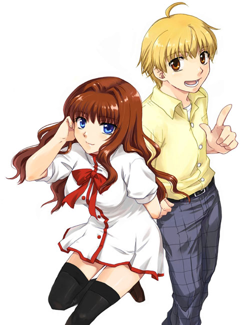 1boy, 1girl, :d, ahoge, belt, black_legwear, bow, bowtie