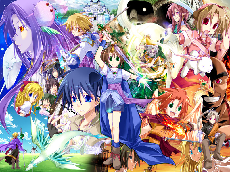 6+boys, 6+girls, :d, airplane, arms_up, blonde_hair, blue_dress, blue_eyes, blue_hair, brown_hair, closed_mouth, day, dragon, dress, everyone, expressionless, field, fire, flame, flying, full_body, grass, green_eyes, hair_ornament, hairpin, hat, long_hair, long_sleeves, magic, monster, multiple_boys, multiple_girls, onem, open_mouth, original, outdoors, outstretched_arms, pale_skin, pink_hair, pointy_ears, pose, profile, purple_hair, red_eyes, running, scarf, shaded_face, smile, standing, very_long_hair, violet_eyes, wings, witch_hat