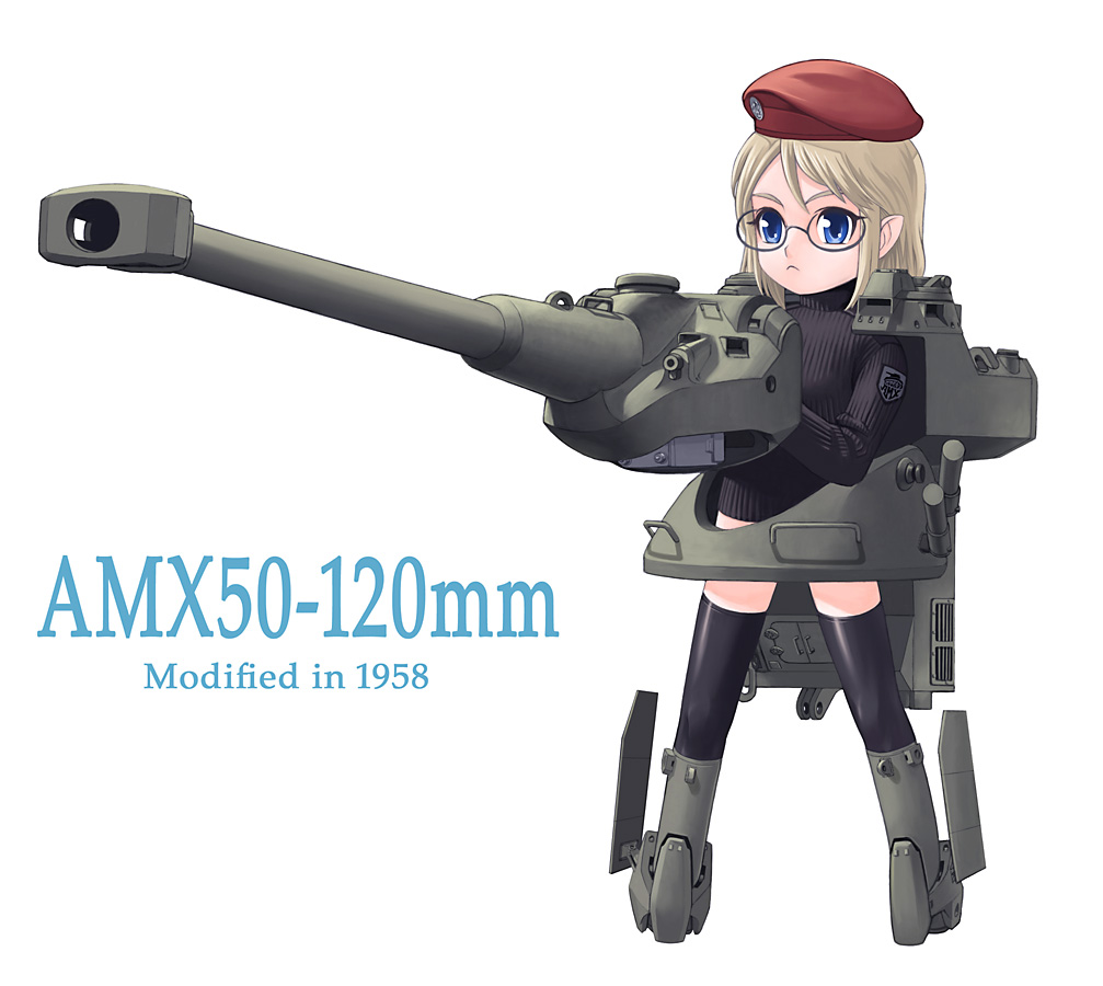 glasses, hat, janome_gochou, mecha_musume, military, military_vehicle, personification, pointy_ears