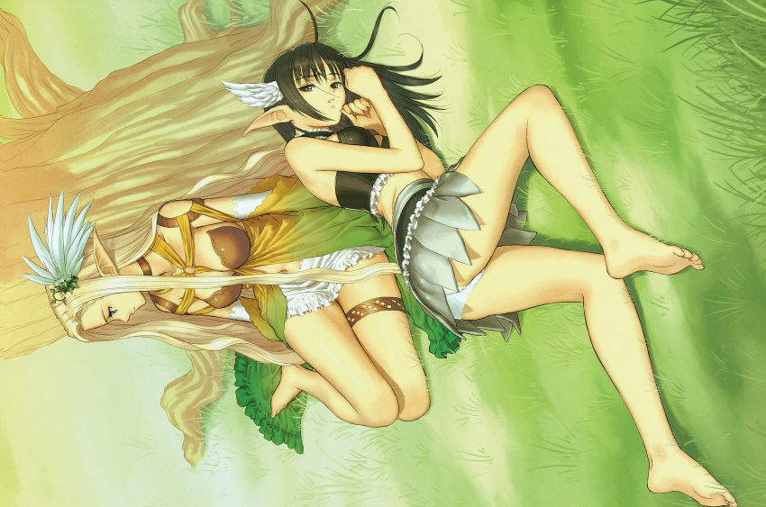 2girls, barefoot, black_hair, blonde_hair, breasts, celestia, elf, eternal_forest's_chanting