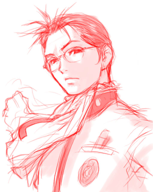 1boy, atlus, glasses, looking_at_viewer, male_focus, monochrome, nanjo_kei, nanjou_kei