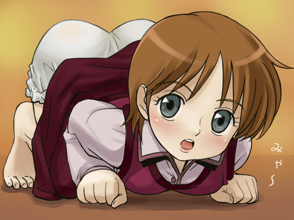 all_fours, ass, barefoot, bloomers, brown_hair, gerda_(the_snow_queen), grey_eyes, haruyama_kazunori, the_snow_queen, toes, top-down_bottom-up, underwear