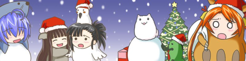 4girls, black_hair, blue_hair, brown_hair, christmas, christmas_tree, fur_trim, hat