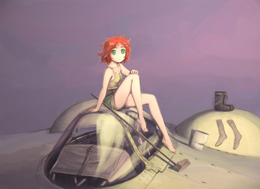 1girl, aircraft, airplane, barefoot, boots, broom, feet, footwear