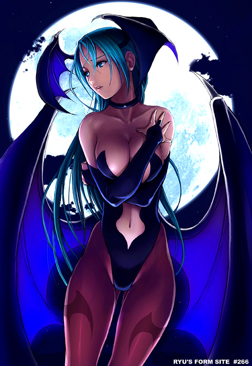 1girl, bare_shoulders, bat_print, bat_wings, black_leotard, blue_eyes, blue_hair, breast_hold