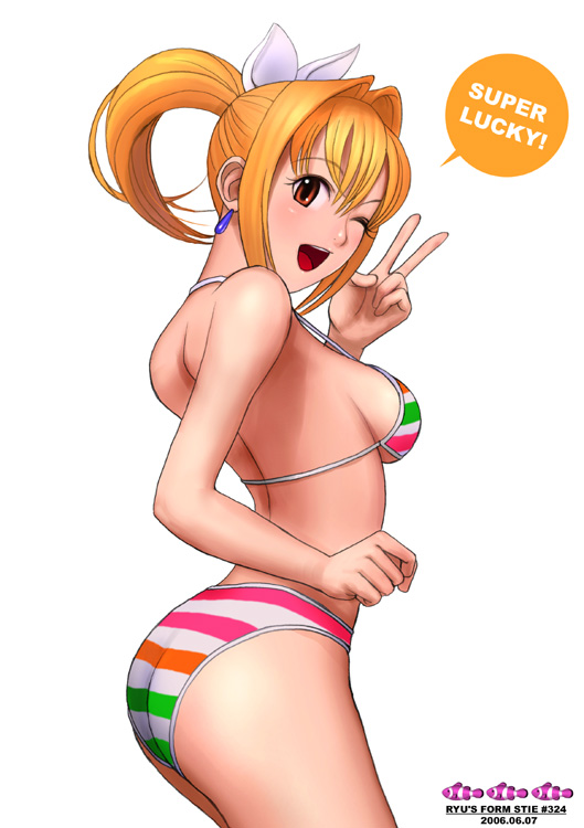 1girl, arched_back, bare_arms, bikini, blonde_hair, breasts, cropped_legs, earrings