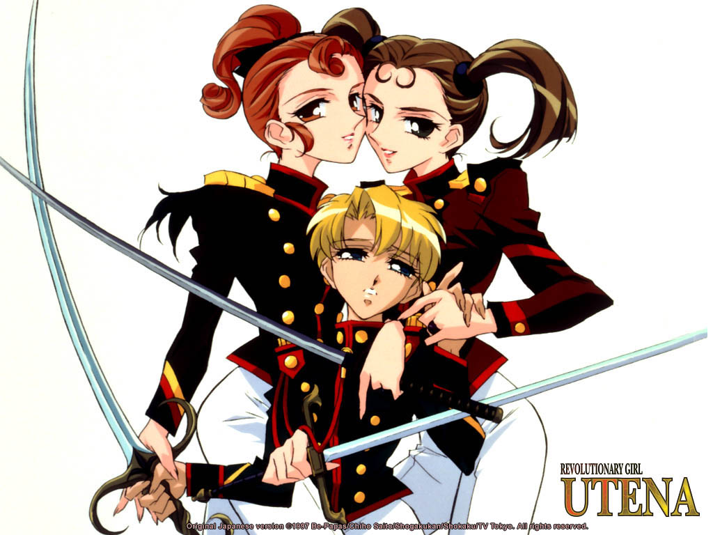 1boy, 2girls, 90s, copyright_name, multiple_girls, official_art, ponytail, shinohara_wakaba