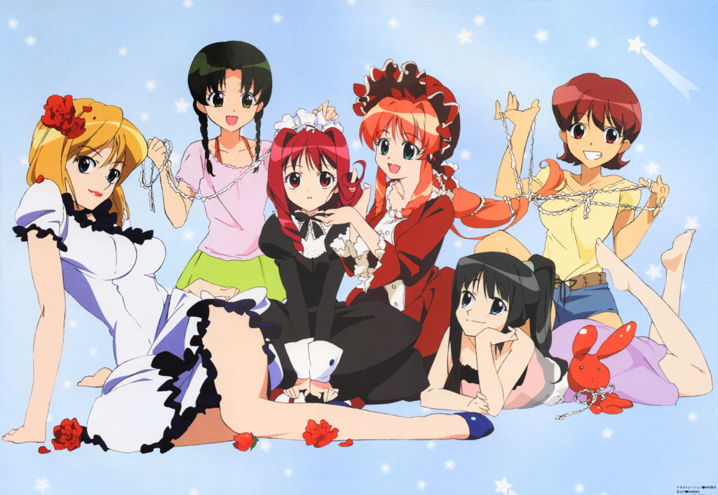 6+girls, :d, akari_(kono_minikuku), akari_(kono_minikuku_mo_utsukushii_sekai), akari_(konomini), arm_support, bangs, barefoot