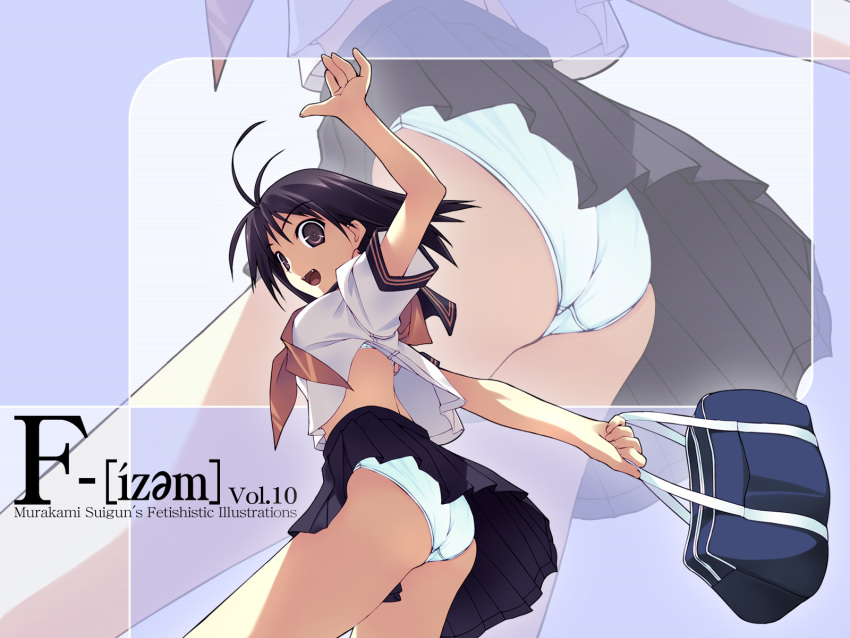 1girl, black_hair, bra, f-ism, fang, fangs, highres, murakami_suigun
