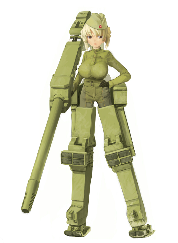 cannon, garrison_cap, hat, large_breasts, mecha_musume, military, nijiiro_ink, self-propelled_gun