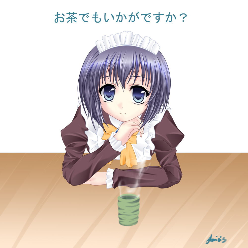 1girl, amicis, blue_eyes, clementis_mia, maid, maid_headdress, mia_clementis, smile