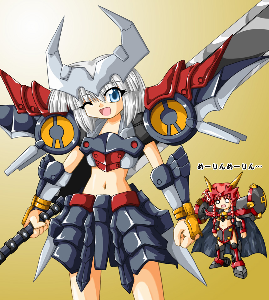 2girls, armor, ausenseiter, aussenseiter, banpresto, bikini_armor, blue_eyes, dygenguar, female, gradient, gradient_background, hong_meiling, konpaku_youmu, mecha_musume, midriff, multiple_girls, open_mouth, skirt, smile, super_robot_wars, touhou, wink