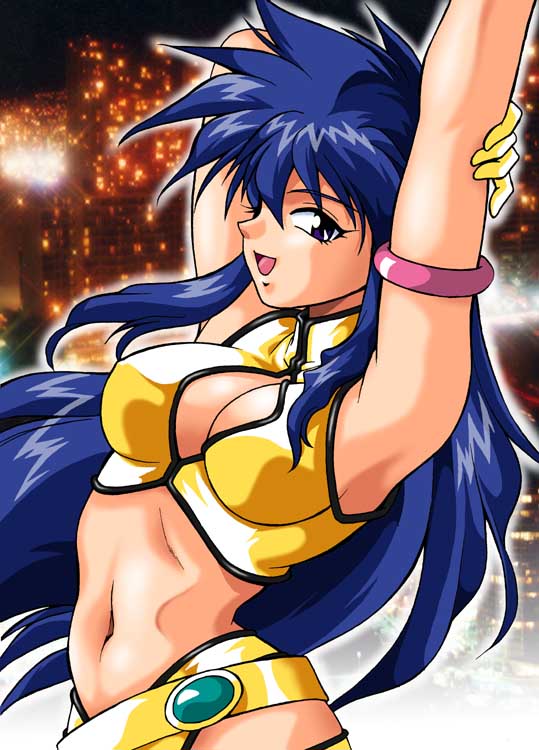 1girl, 80s, armlet, arms_up, blue_hair, breasts, cleavage, cleavage_cutout