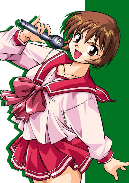1girl, :d, brown_eyes, brown_hair, collarbone, long_sleeves, manabe_jouji, microphone