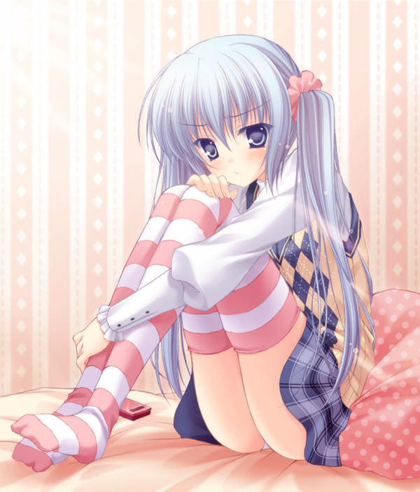 akane_(allegro_mistic), bed, cellphone, feet, frown, leg_hug, panchira_sit, panties