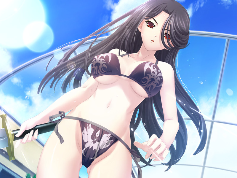 1girl, bikini, black_hair, breasts, game_cg, hikita_iori, kurosaki, long_hair