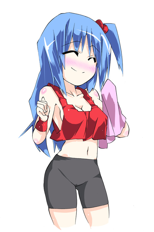1girl, ^_^, alternate_costume, bike_shorts, blue_hair, blush, body_blush, breasts, cleavage, closed_eyes, crop_top, female, fuantei, gym_uniform, hair_bobbles, hair_ornament, mature, medium_breasts, midriff, milf, mystic_square, navel, shinki, side_ponytail, sideboob, smile, solo, touhou