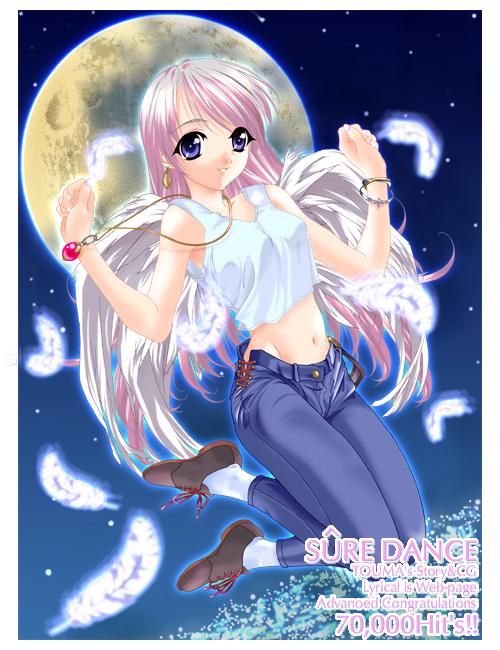 1girl, aikawa_touma, denim, hinoe_riho, jeans, jewelry, pants, pendant, pink_hair, solo, tank_top, wings