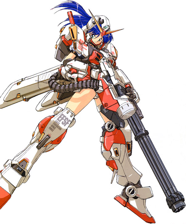 akitaka_mika, blue_hair, gatling_gun, green_eyes, gun, gundam, gundam_g05, gundam_side_story:_from_place_beyond_the_blaze, long_hair, mecha_musume, weapon